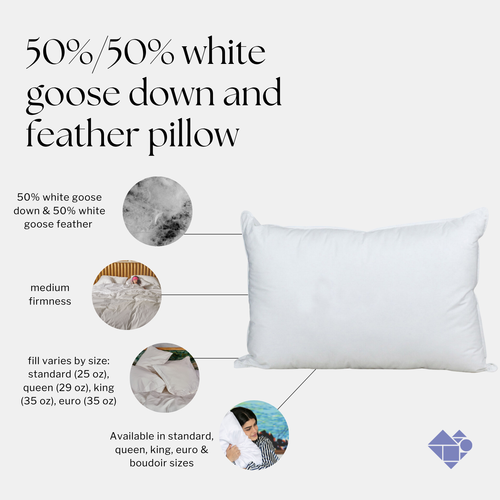 50%/50% white goose down and feather pillow
