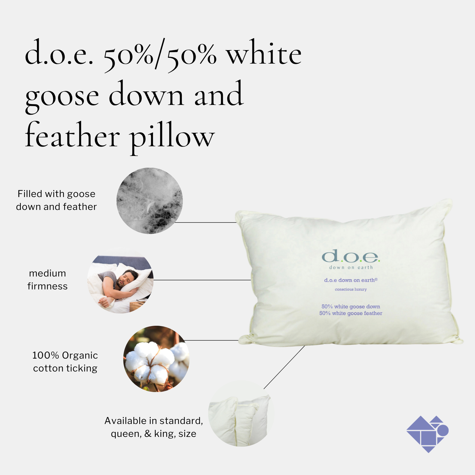 d.o.e. down on earth® 50%-50% goose down and feather pillow with organic cotton ticking
