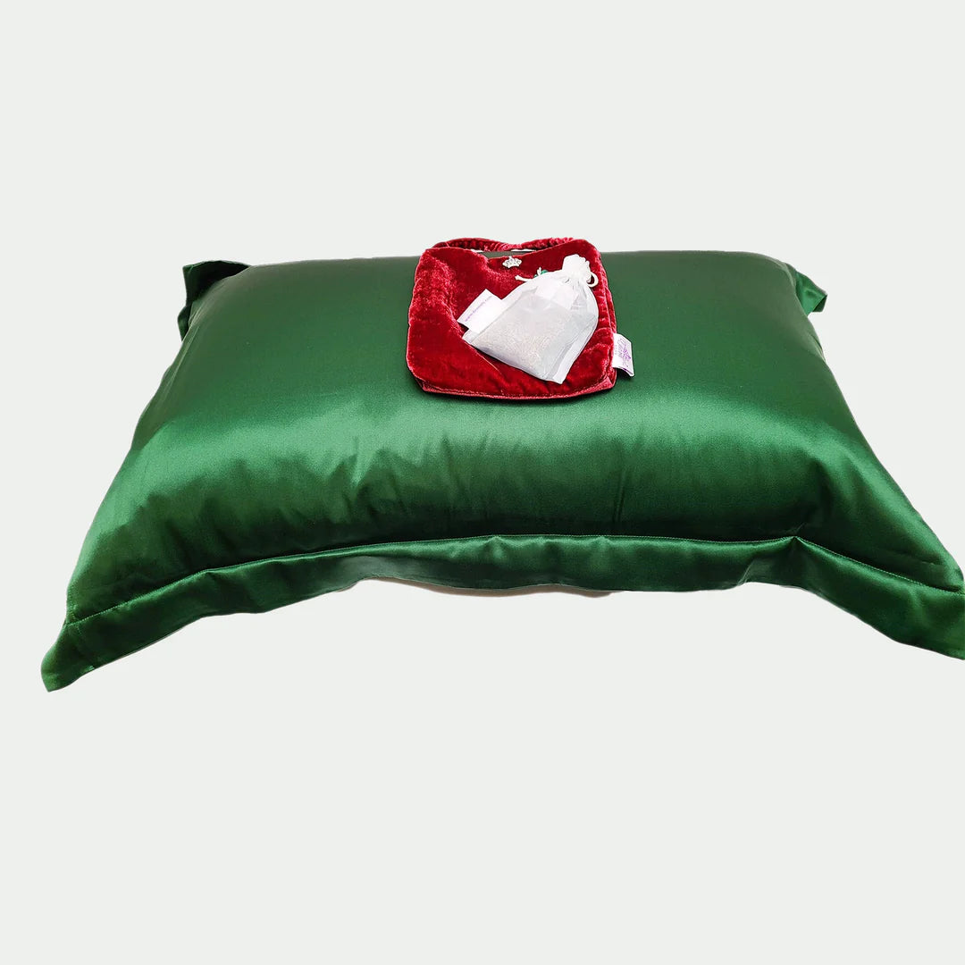 tiara silks® aromatherapy silk holiday pillowcase and velvet travel bag with handle - red+green