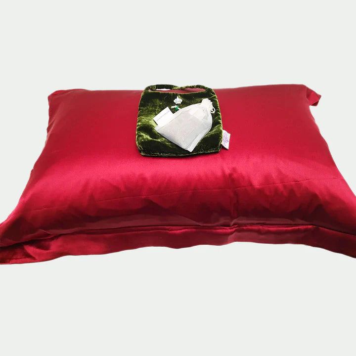 tiara silks® aromatherapy silk holiday pillowcase and velvet travel bag with handle - red+green