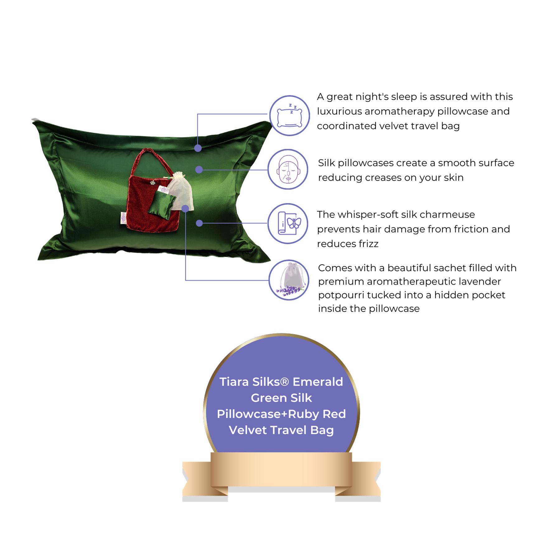 tiara silks® aromatherapy silk holiday pillowcase and velvet travel bag with handle - red+green