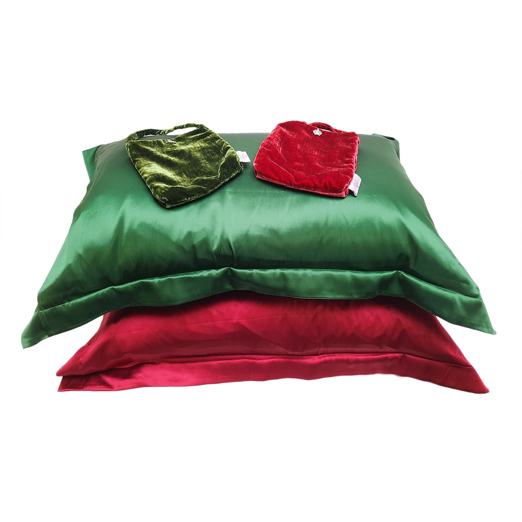 tiara silks® aromatherapy silk holiday pillowcase and velvet travel bag with handle - red+green