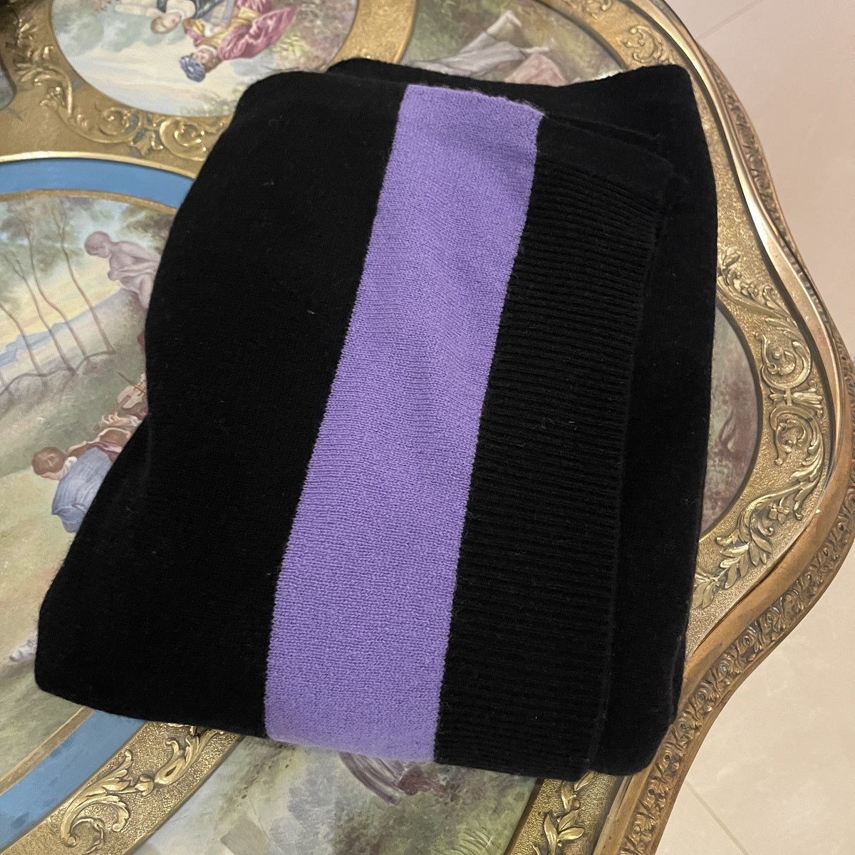 cashmere throw, black with periwinkle stripe