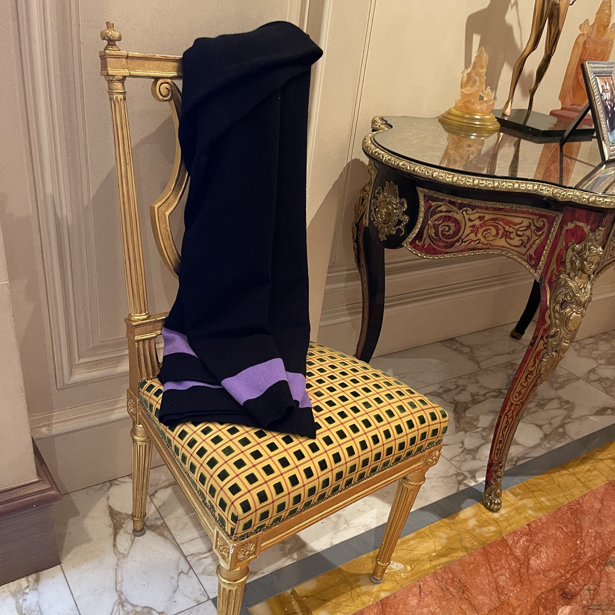 cashmere throw, black with periwinkle stripe