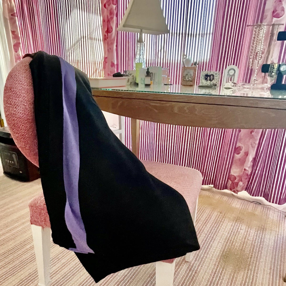 cashmere throw, black with periwinkle stripe