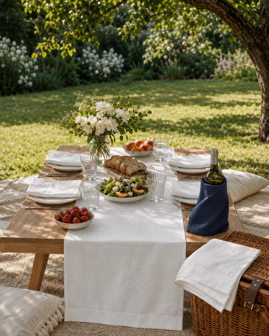 picnic table outside set with linens