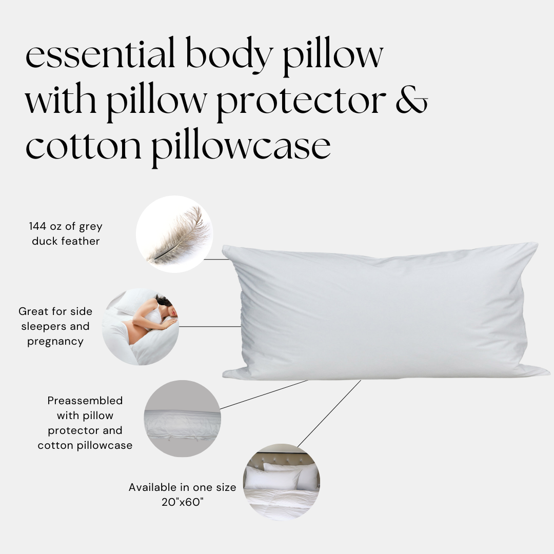 essential feather body pillow with pillow protector and cotton pillowcase