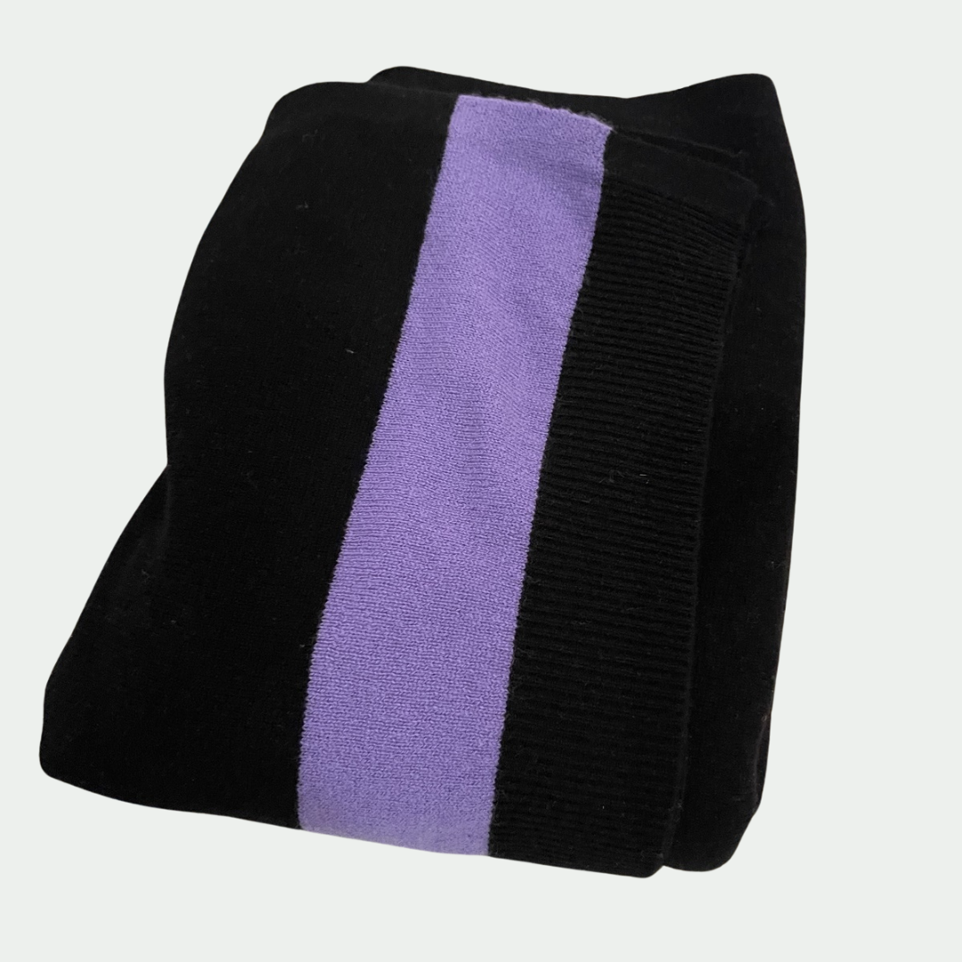 cashmere throw, black with periwinkle stripe