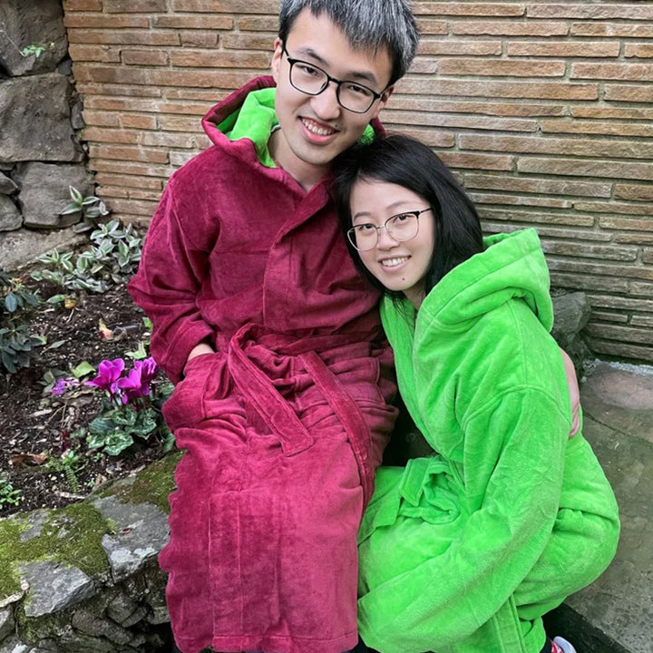 cotton velour hooded robe, bright green - burgundy