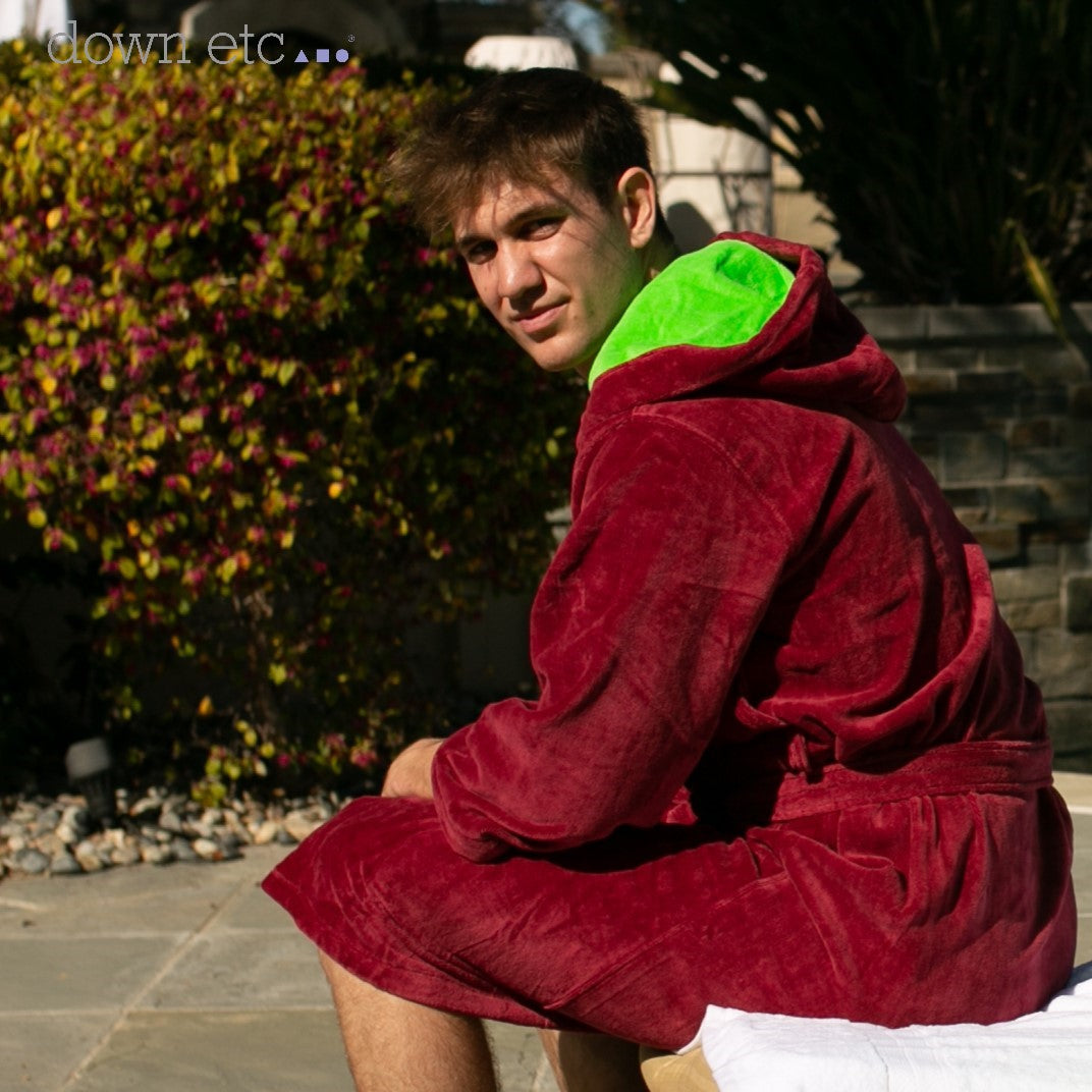 cotton velour hooded robe, burgundy-bright green