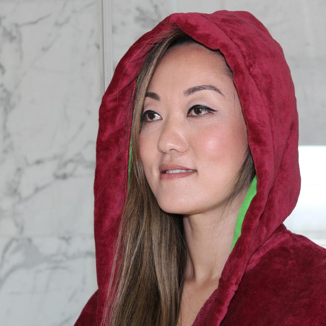 cotton velour hooded robe, burgundy-bright green