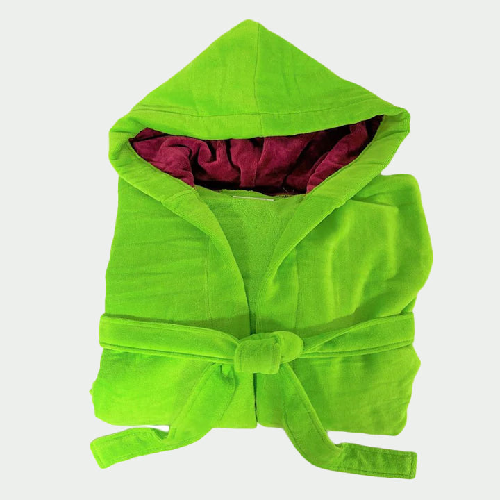 Cotton Velour Hooded Robe, Bright Green - Burgundy