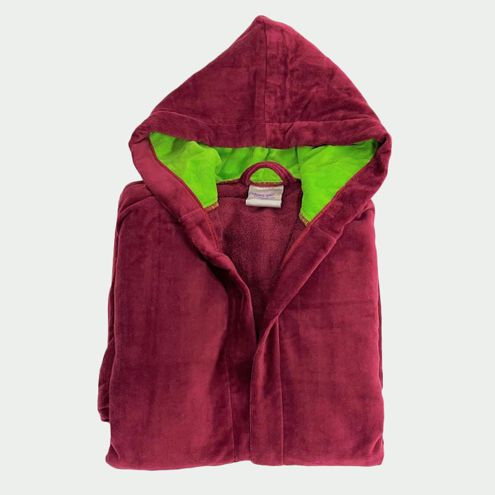 cotton velour hooded robe, burgundy-bright green