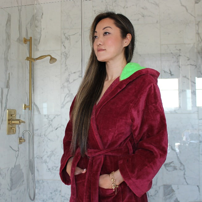 Holiday Cotton Velour Hooded Robe, Bright Green/Burgundy – Down Etc