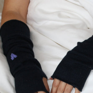 Fingerless Cashmere Gloves, Dark Navy Blue with Periwinkle Hearts