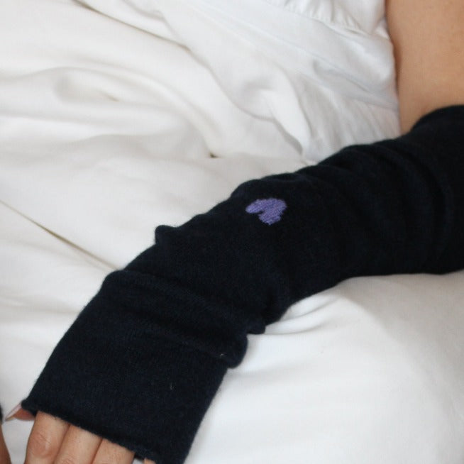 Cashmere Fingerless Gloves, Dark Navy Blue with Periwinkle Hearts