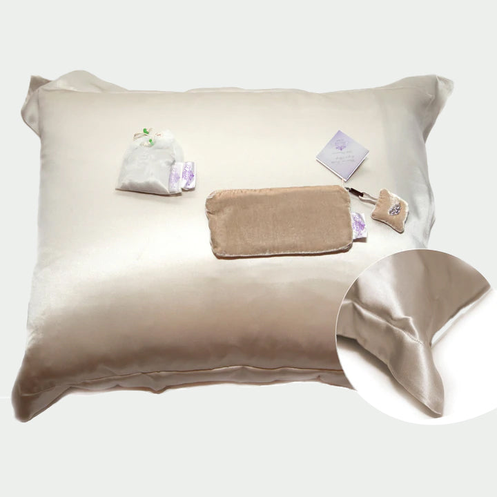 tiara silks® ecru-agate silk pillowcase+pearl velvet travel bag