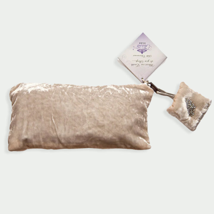 tiara silks® ecru-agate silk pillowcase+pearl velvet travel bag