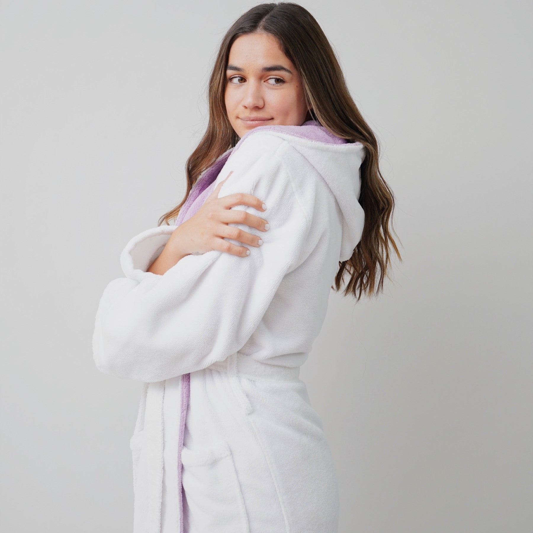 taurus mountain collection absorb8™ hooded robe, white with lilac interior hood