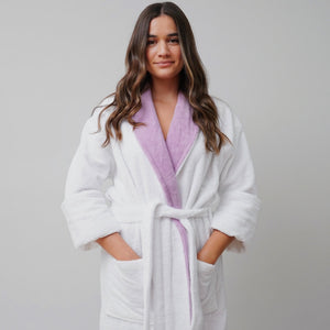 Taurus Mountain Collection Absorb8™ Shawl Collar Robe, White with Lilac Shawl