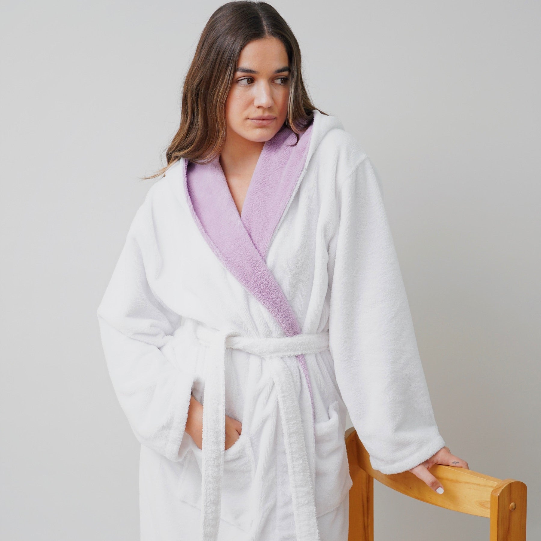 taurus mountain collection absorb8™ hooded robe, white with lilac interior hood